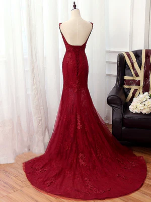New  Bright Mermaid V Neck Burgundy Applique Lace Sweep Prom Dresses, Wine Red Mermaid Lace Formal Bridesmaid Dresses GG099
