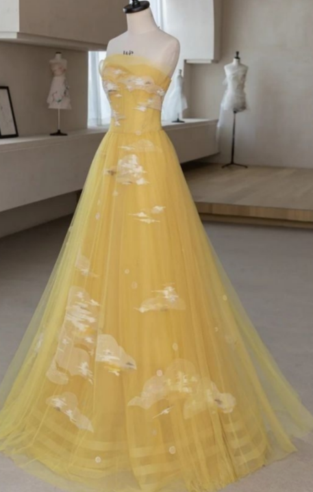 Loveliness A Line Strapless Bright Yellow Tulle Printing Long Prom Dress,Evening Dress GG1012