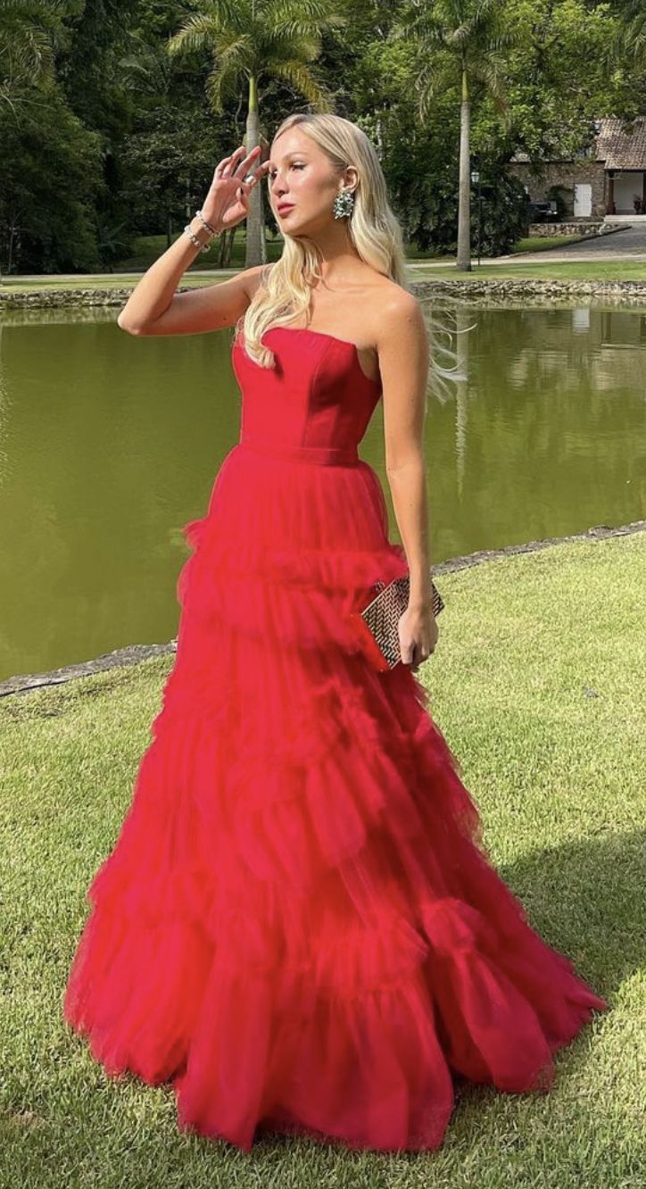 Graceful A Line Strapless Red Tulle Long Prom Dress,Evening Dress GG1017