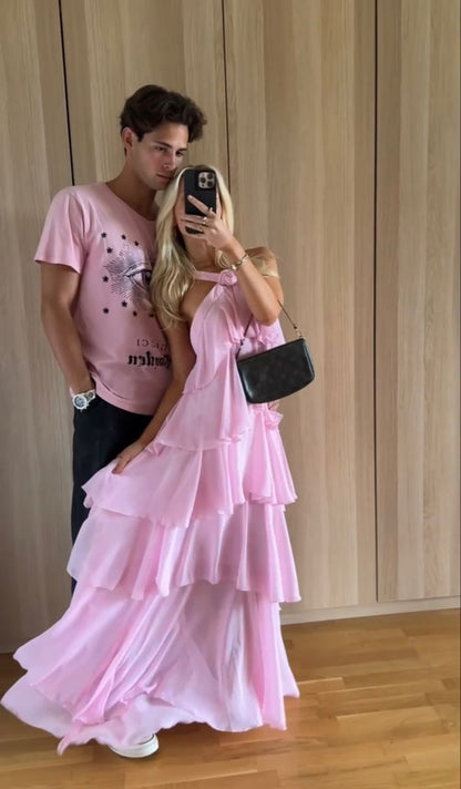 Cute A Line Halter Pink Tiered Chiffon Long Prom Dress,Evening Dress GG1019