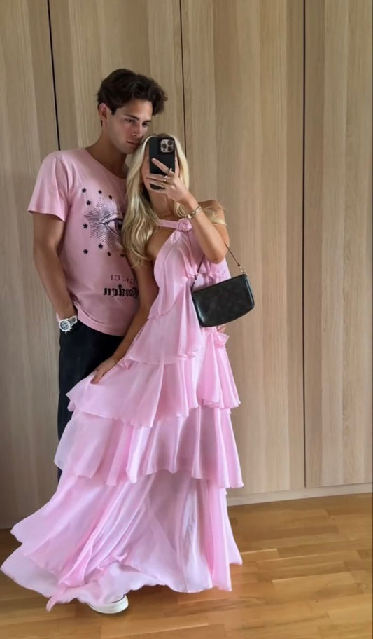 Cute A Line Halter Pink Tiered Chiffon Long Prom Dress,Evening Dress GG1019