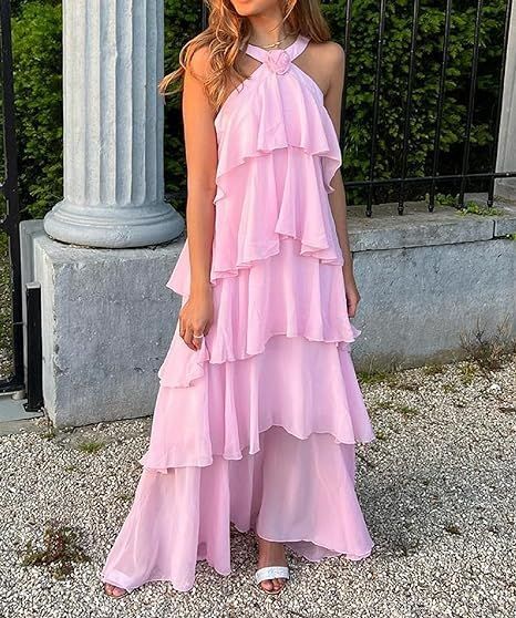 Cute A Line Halter Pink Tiered Chiffon Long Prom Dress,Evening Dress GG1019