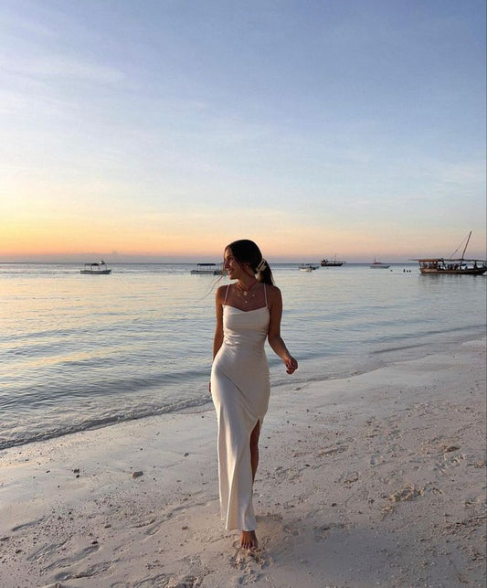 Chic Mermaid Light Ivory Spaghetti Straps Silk Slit Long Prom Dress,Evening Dress GG1022