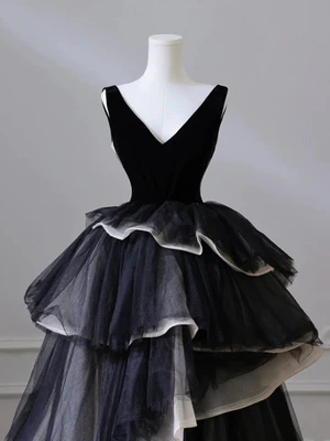 New Elegant A Line Black V Neck Puffy Layered TUlle Long Prom Dresses, Formal Evening Dresses GG102
