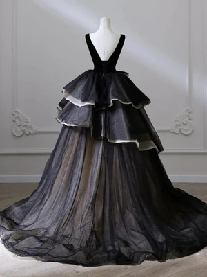 New Elegant A Line Black V Neck Puffy Layered TUlle Long Prom Dresses, Formal Evening Dresses GG102