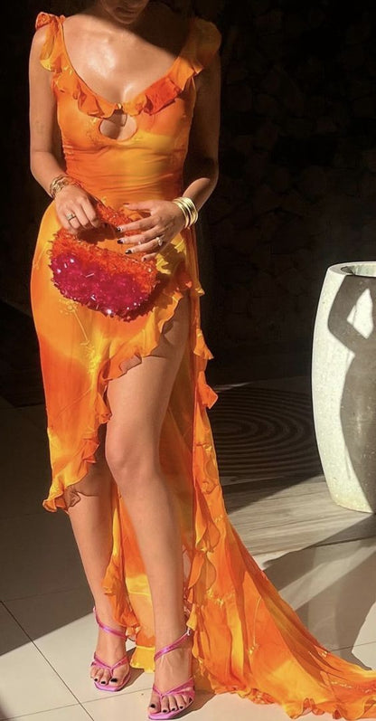 Sexy Mermaid Low Collar Chiffon Ruffles Slit Long Prom Dress,Evening Dress GG1031