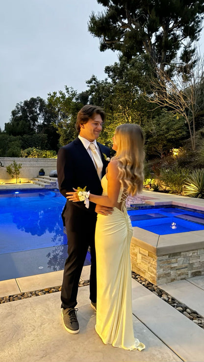 Chic Mermaid Spaghetti Straps Pastel Yellow Satin Long Prom Dress,Evening Dress GG1032