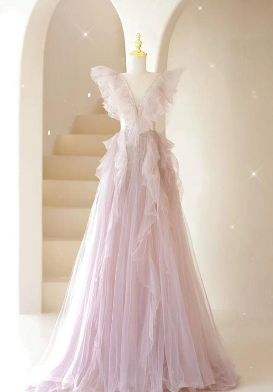Fairy A Line V Neck With Beaded Light Pink Tulle Long Prom Dress,Evening Dress GG1036