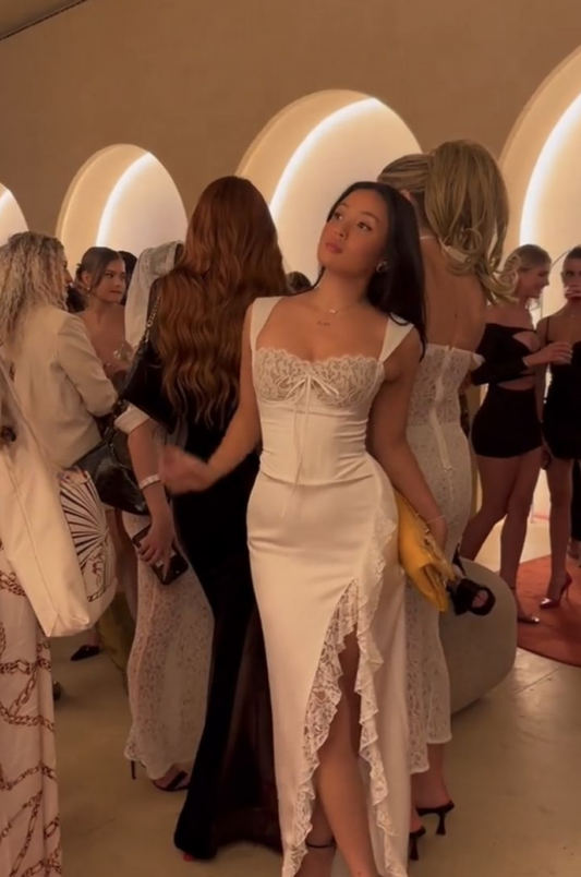 Chic Mermaid Sweetheart White Silk With Lace Slit Long Prom Dress,Evening Dress GG1046