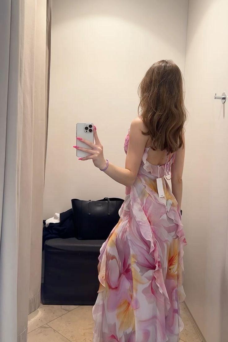 Chic Mermaid Spaghetti Straps Printing Floral Chiffon Ripple Long Prom Dress,Evening Dress GG1047