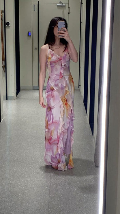 Chic Mermaid Spaghetti Straps Printing Floral Chiffon Ripple Long Prom Dress,Evening Dress GG1047