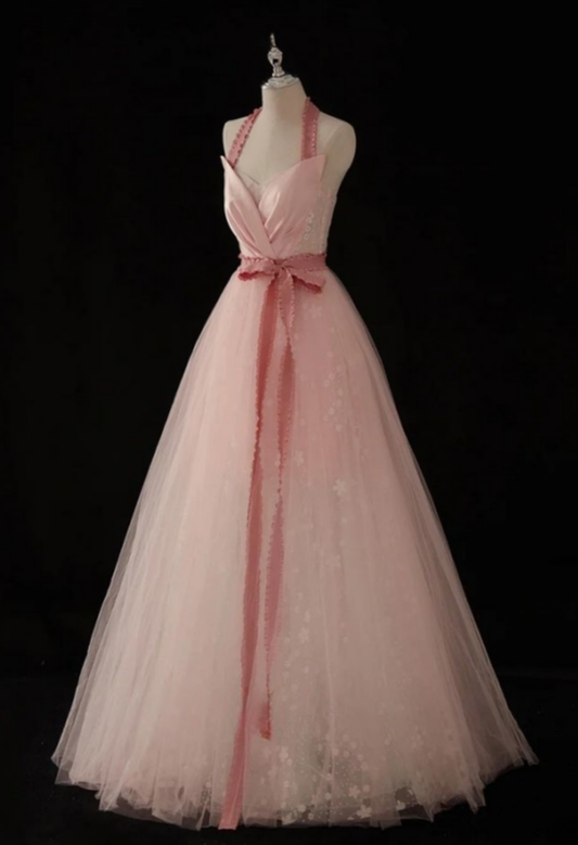 Cute A Line Halter Pink Tulle Bow Belt Long Prom Dress,Evening Dress GG1049