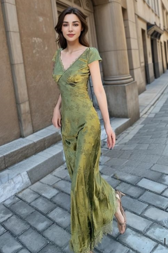 Chic Mermaid V Neck Green Satin Printing Short Sleeve Long Prom Dress,Evening Dress GG1050
