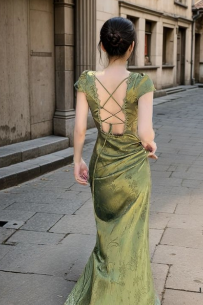 Chic Mermaid V Neck Green Satin Printing Short Sleeve Long Prom Dress,Evening Dress GG1050