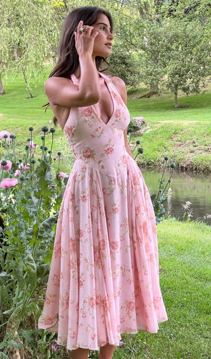 Cute A Line Halter V Neck Chiffon Printing Tea Length Prom Dress,Evening Dress GG1055