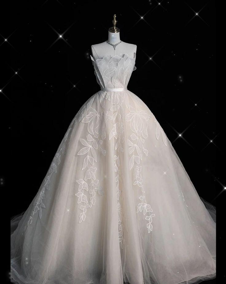 Princessful Ball Gown Strapless Tulle Lace Applique Long Prom Dress,Wedding Dress,Evening Dress GG1065