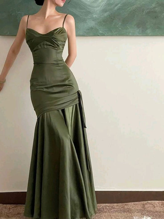 Elegant Mermaid Spaghetti Straps Green Satin Long Prom Dress,Holiday Dress,Evening Dress GG1066