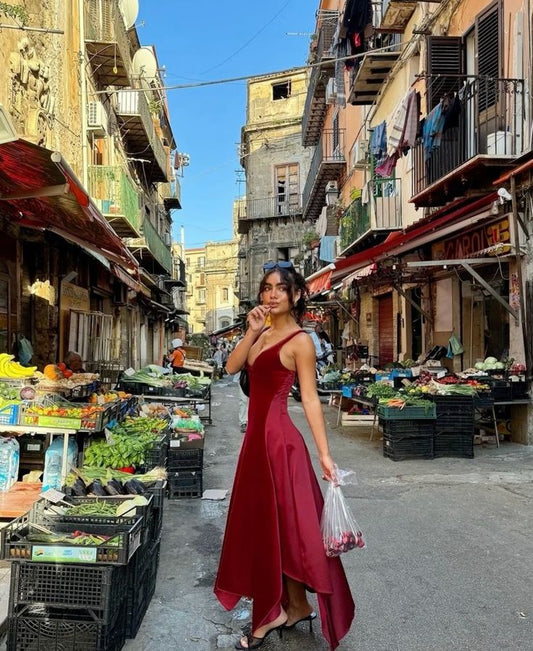 Sexy A Line V Neck Burgundy Velvet Irregular Hem Long Prom Dress,Evening Dress GG1067