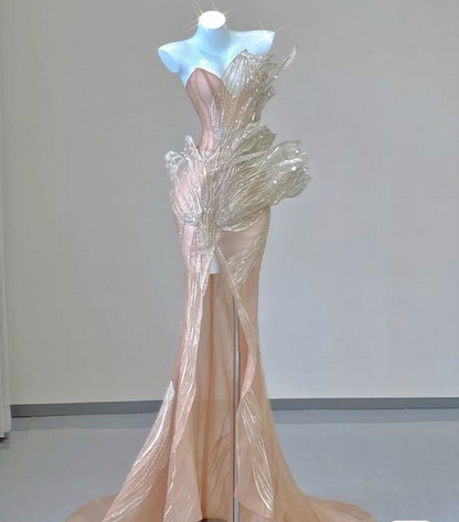 New Exquisite Mermaid Sweetheart Light Champagne Split High Low Sweep  Prom Dresses,Evening Dresses GG106