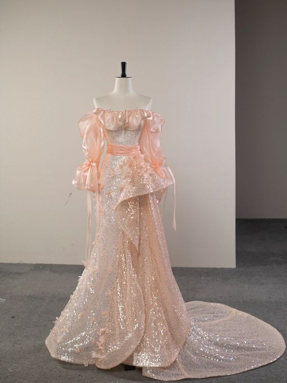 New Exquisite A Line Off The Shoulder Champagne Pink Sequin Long Sleeves Sweep  Prom Dresses,Evening Dresses GG107