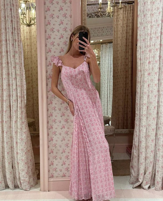 Fairy A Line Spaghetti Straps Pink Printing Floral Chiffon Long Prom Dress,Evening Dress GG1075