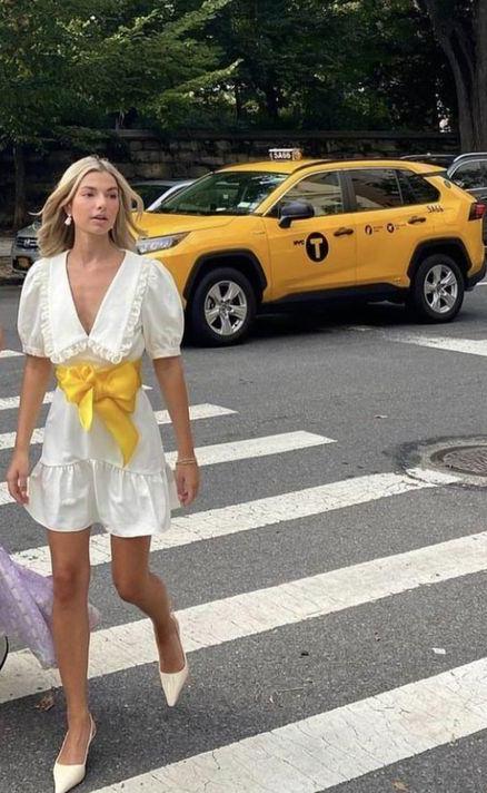 Princessful A Line V Neck White Polyester With Yellow Bow Short Sleeve Long Prom Dress,Evening Dress GG1076