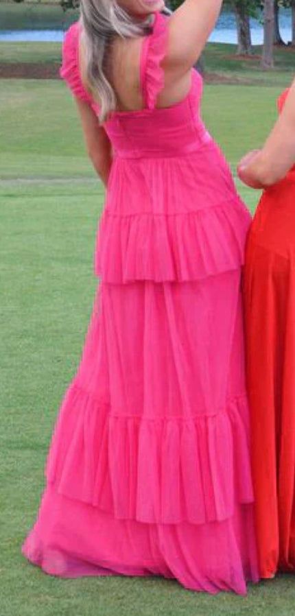 Graceful A Line Sweetheart Ripple Spaghetti Straps Hot Pink Tiered Tulle Long Prom Dress,Evening Dress GG1079