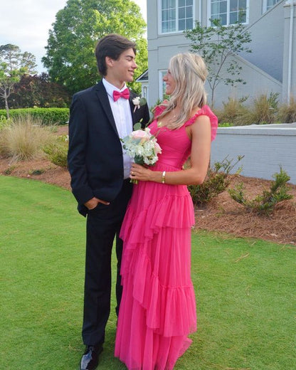 Graceful A Line Sweetheart Ripple Spaghetti Straps Hot Pink Tiered Tulle Long Prom Dress,Evening Dress GG1079
