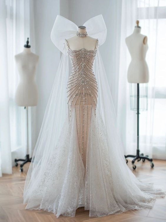 New Exquisite Mermaid Sweetheart Light Champagne Crystal Beading With Bow-knot StoleTulle  Long Prom Dresses,  Evening Dresses GG108