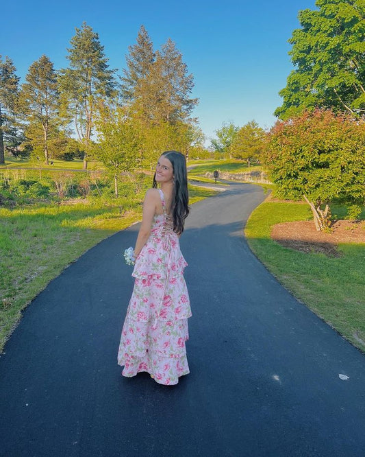 Glam A Line Square Printing Floral Chiffon Slit Long Prom Dress,Evening Dress GG1081