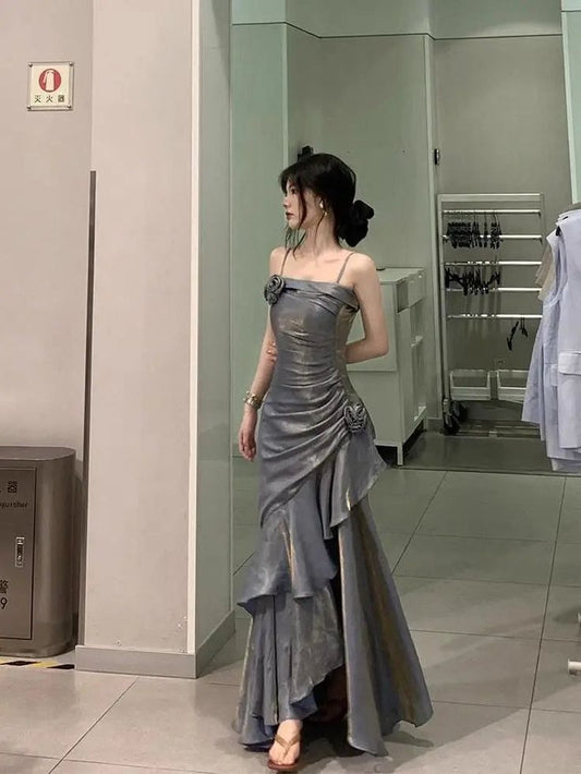 Chic A Line  Spaghetti Straps High Low Silver Gray Chiffon  Long Prom Dress,Evening Dress GG1086