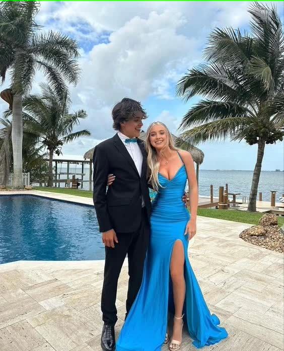 Sexy Mermaid Spaghetti Straps Blue Satin Slit Long Prom Dress,Evening Dress GG1092