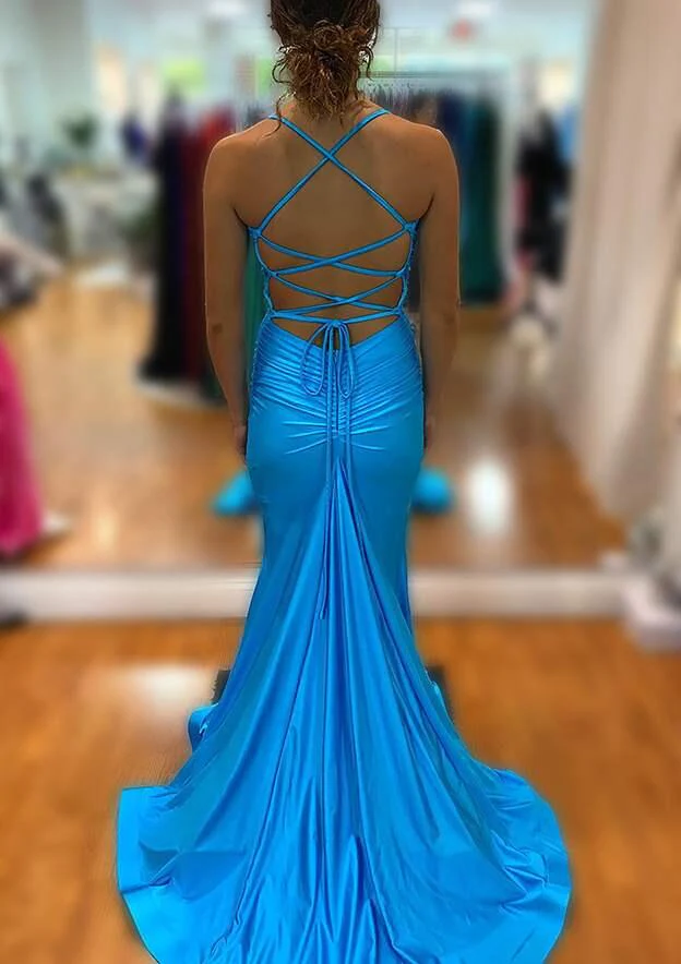 Sexy Mermaid Spaghetti Straps Blue Satin Slit Long Prom Dress,Evening Dress GG1092