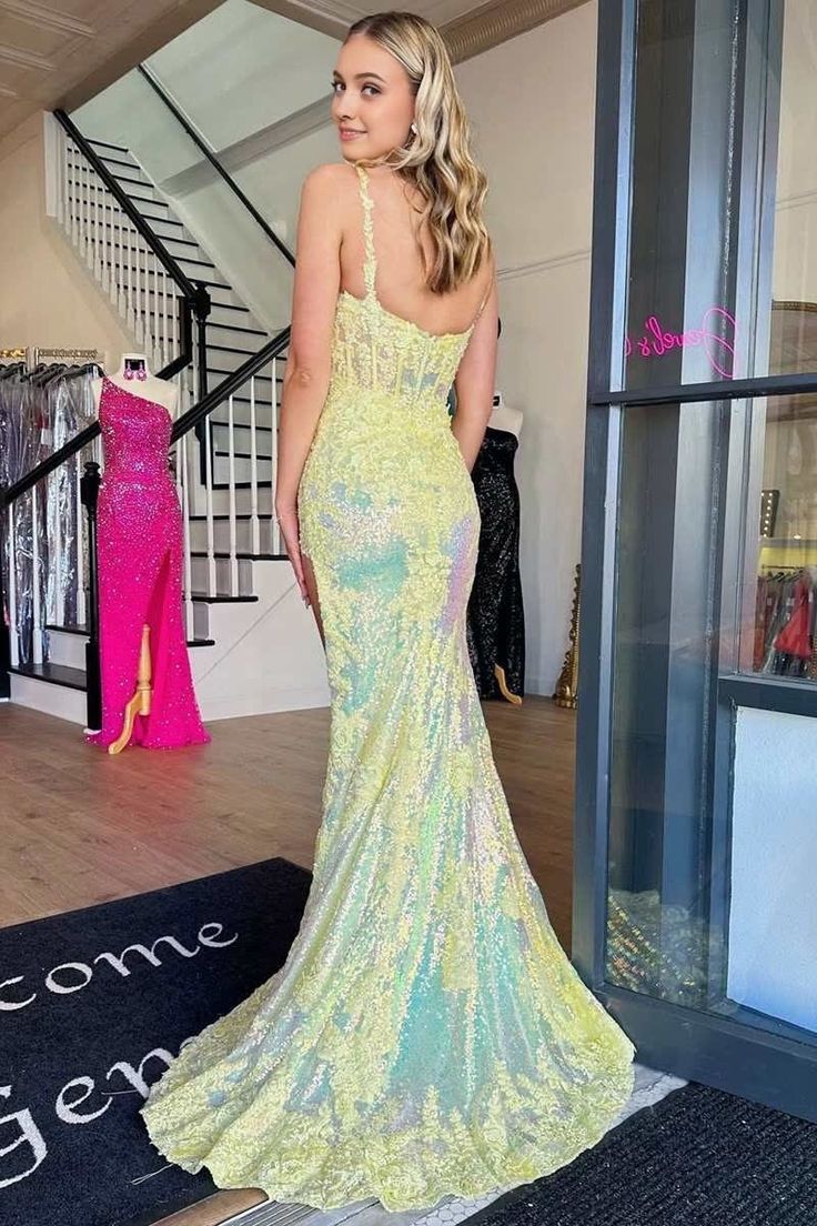 Glitter Mermaid Low Collar Yellow Sequin Applique Slit Long Prom Dress,Evening Dress GG1094