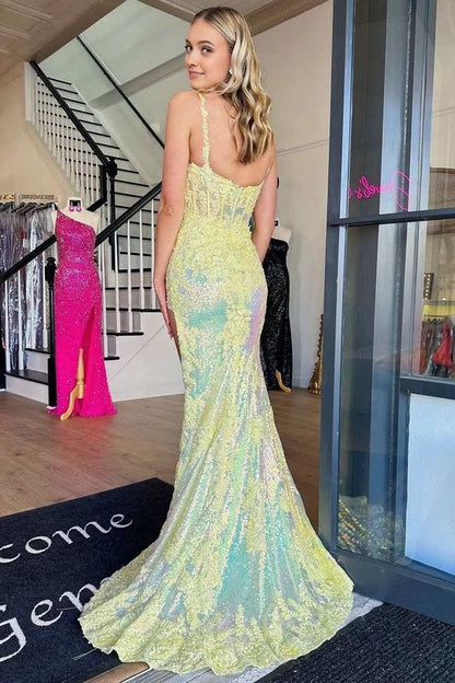 Glitter Mermaid Low Collar Yellow Sequin Applique Slit Long Prom Dress,Evening Dress GG1094
