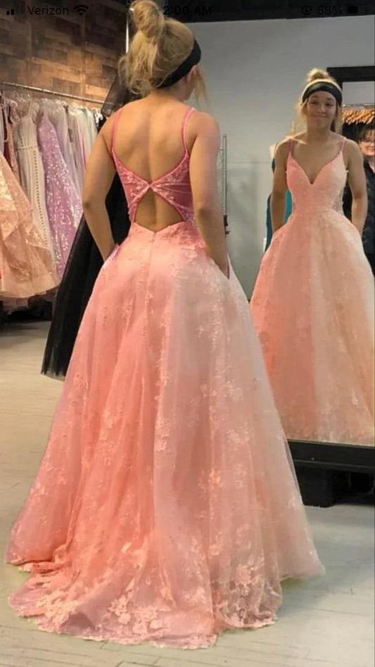 Sexy A Line Spaghetti Straps V Neck Pastel Yellow Tulle Lace Applique Long Prom Dress,Evening Dress GG1096