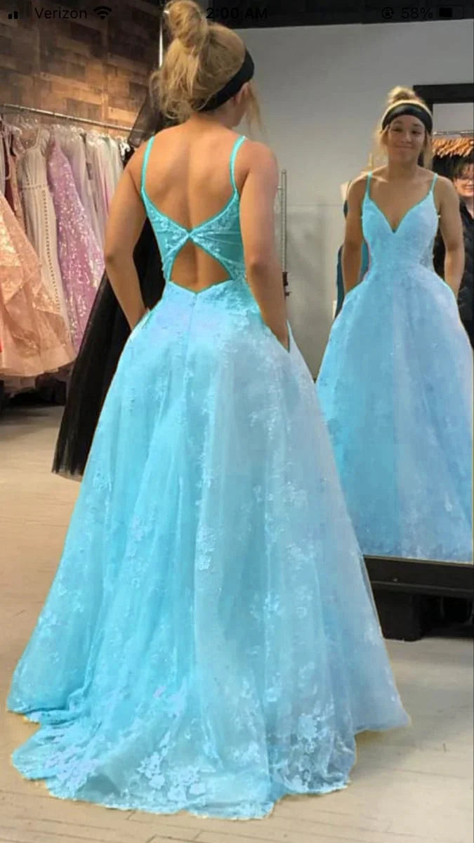 Sexy A Line Spaghetti Straps V Neck Pastel Yellow Tulle Lace Applique Long Prom Dress,Evening Dress GG1096