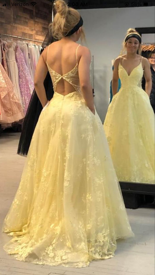 Sexy A Line Spaghetti Straps V Neck Pastel Yellow Tulle Lace Applique Long Prom Dress,Evening Dress GG1096