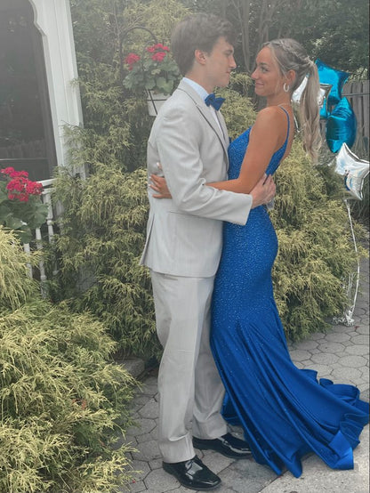 Glitter Mermaid Spaghetti Straps Beaded Satin Long Prom Dress,Evening Dress GG1099