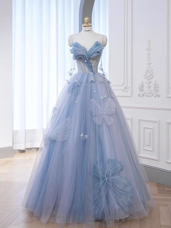 New Delicate A-line Spaghetti Strap V Neck Blue Tulle Dress With Floral Embroidery Long Prom Dresses, Formal Evening Dress GG110
