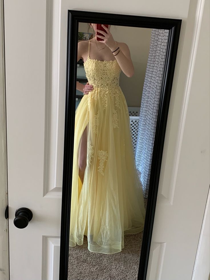 Elegant A Line Spaghetti Straps Pastel Yellow Tulle Applique Slit Long Prom Dress,Evening Dress GG1100