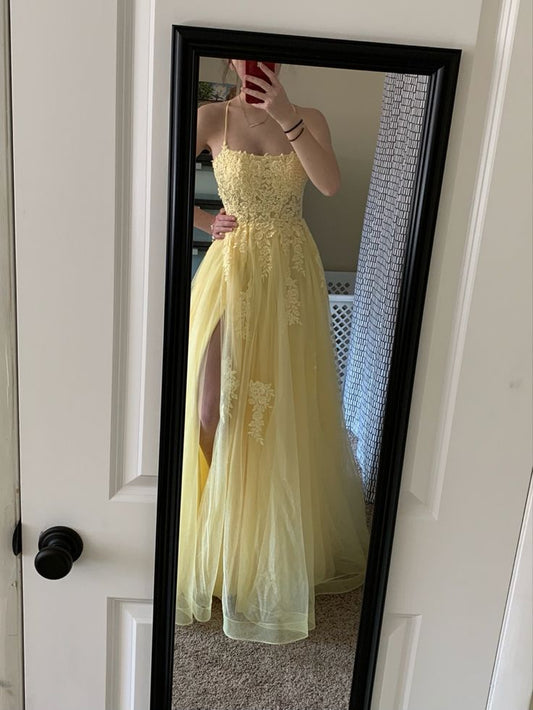 Elegant A Line Spaghetti Straps Pastel Yellow Tulle Applique Slit Long Prom Dress,Evening Dress GG1100