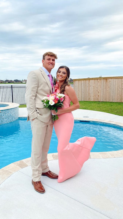 Tender Mermaid One Shoulder Peach Satin Long Prom Dress,Evening Dress GG1110