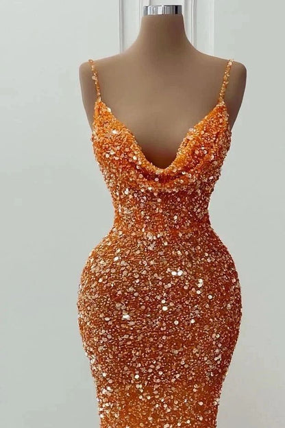 Delicate Mermaid Spaghetti Straps Orange Satin Sequin Beaded Long Prom Dress,Evening Dress GG1127