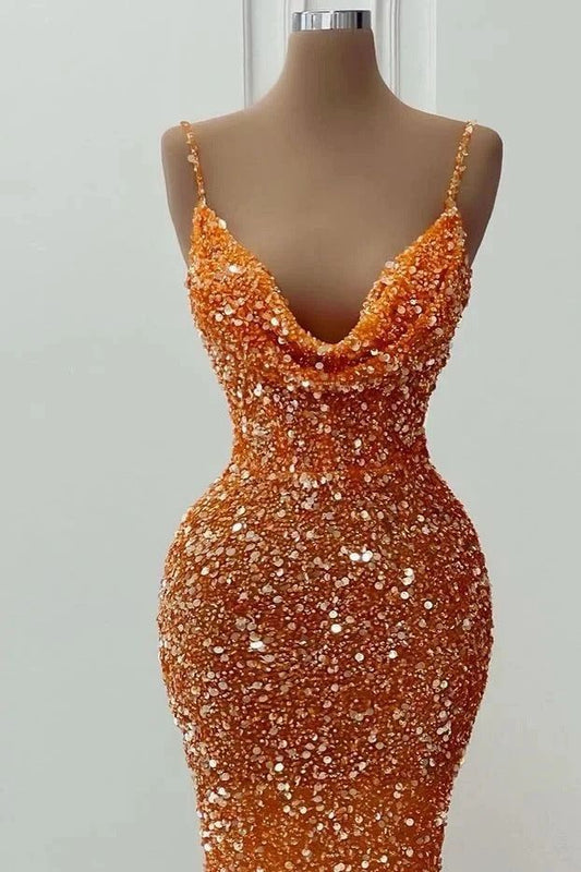 Delicate Mermaid Spaghetti Straps Orange Satin Sequin Beaded Long Prom Dress,Evening Dress GG1127