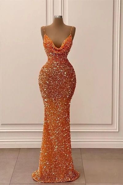 Delicate Mermaid Spaghetti Straps Orange Satin Sequin Beaded Long Prom Dress,Evening Dress GG1127