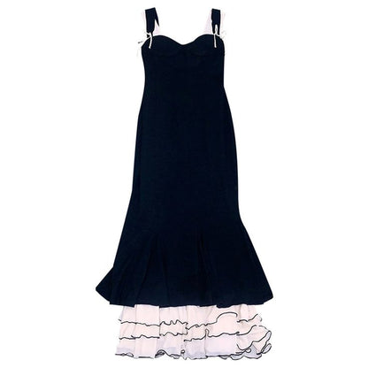 Princessful Mermaid Spaghetti Straps Black Satin With Chiffon Hem Long Prom Dress,Evening Dress GG1128