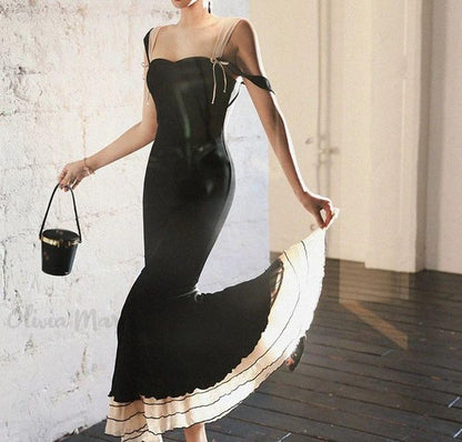 Princessful Mermaid Spaghetti Straps Black Satin With Chiffon Hem Long Prom Dress,Evening Dress GG1128