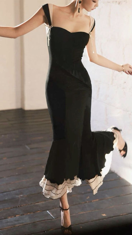 Princessful Mermaid Spaghetti Straps Black Satin With Chiffon Hem Long Prom Dress,Evening Dress GG1128