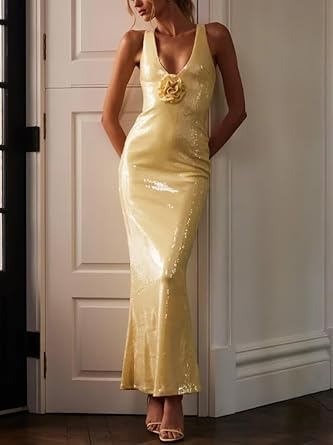 Elegant Mermaid Halter Pastel Yellow Satin Sequin Flower Long Prom Dress,Evening Dress GG1131